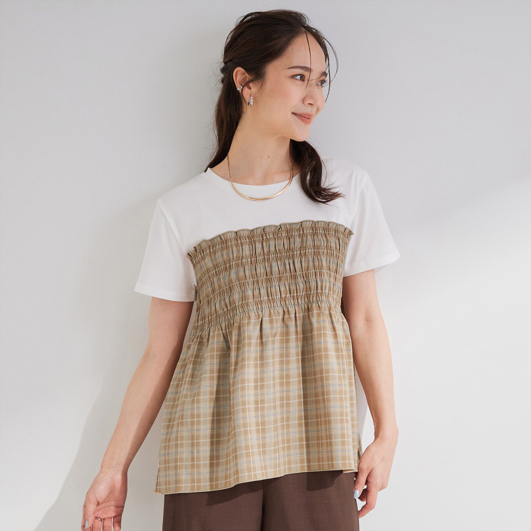 SHOO･LA･RUE「【S-LL/洗濯機可/体型カバー】インせずサマ見え ビスチェ風異素材ドッキングTシャツ」|Tシャツ・カットソー|