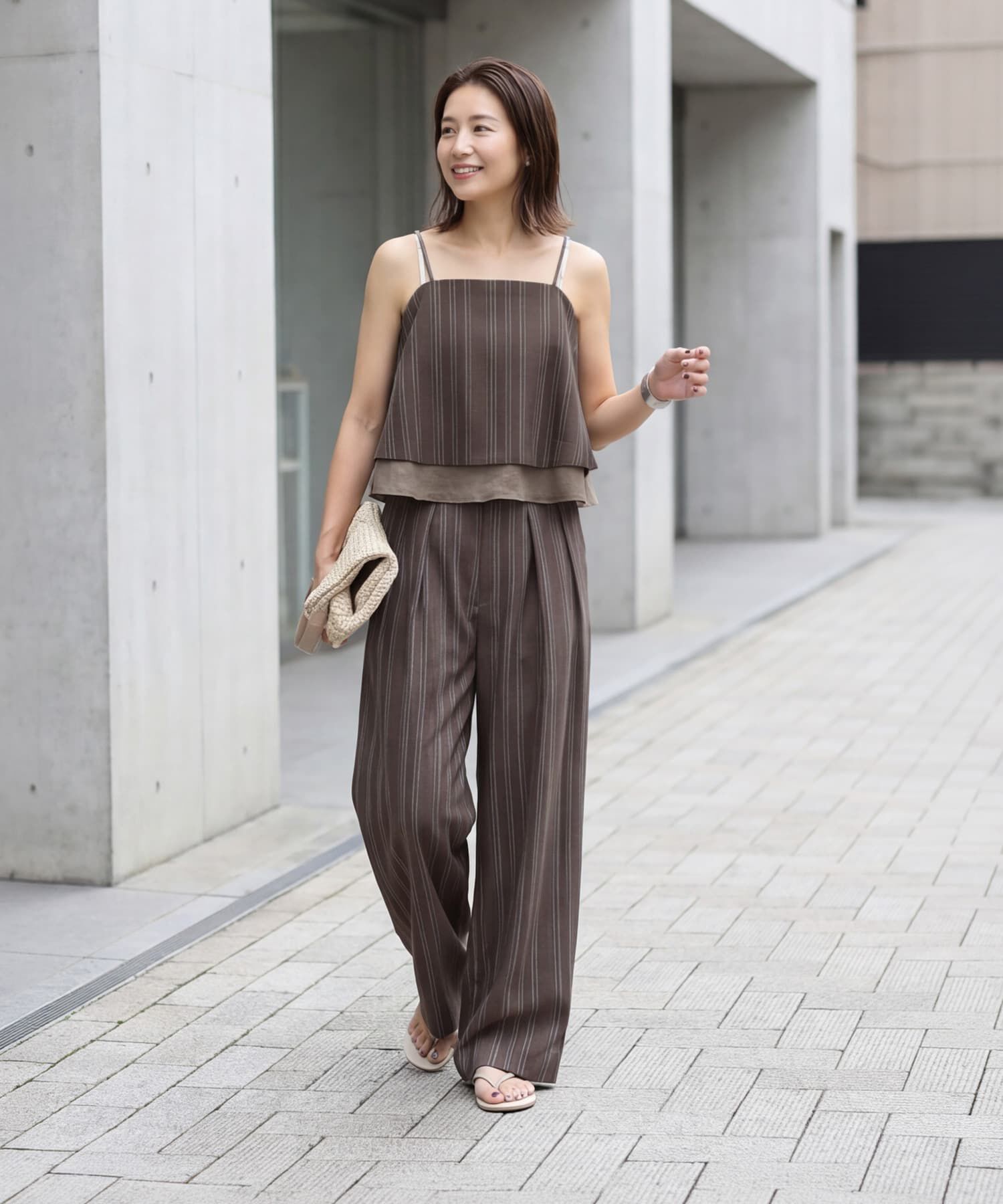 STYLE DELI「麻調ストライプ柄ワイドパンツ」|スラックス|