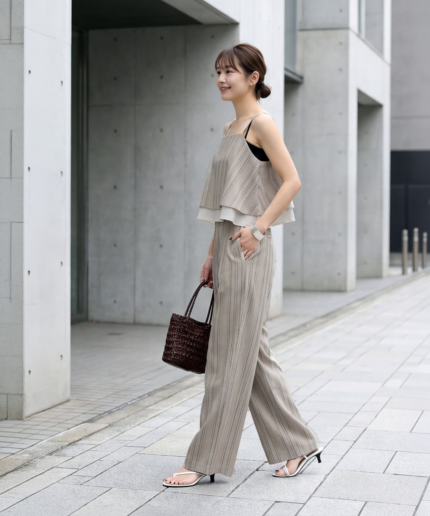 STYLE DELI「麻調ストライプ柄ワイドパンツ」|スラックス|