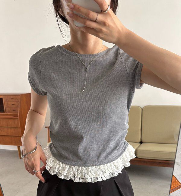 「【前後2way】裾レースミニ袖T」|Tシャツ・カットソー|