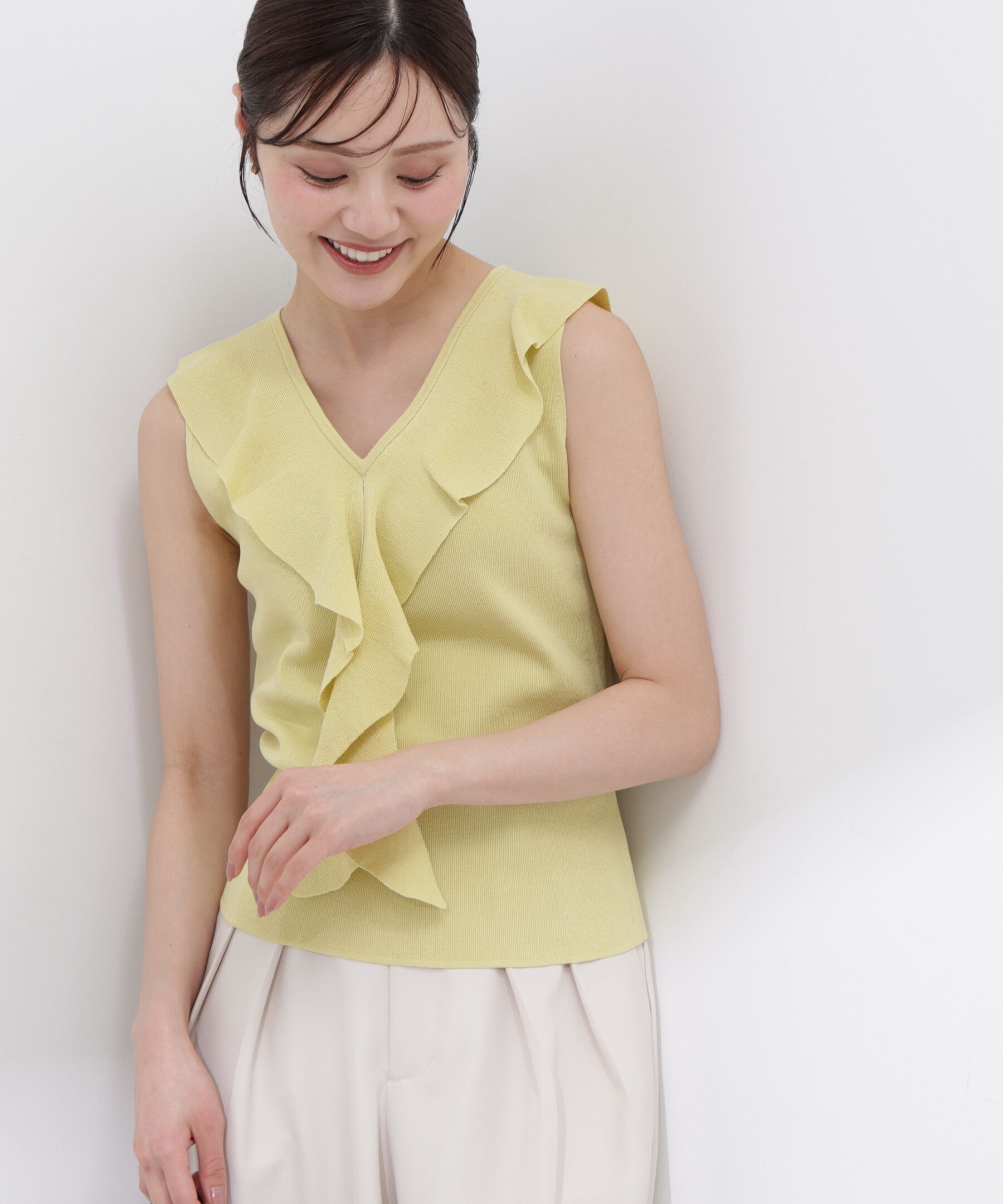 PROPORTION BODY DRESSING「＜中川紅葉さん着用＞フリルノースリーブニット」|ニット・セーター|イエロー