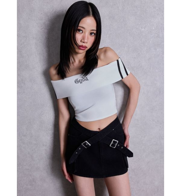 GYDA「Gyda bijouサイドラインオフショルショートTOPS」|Tシャツ・カットソー|