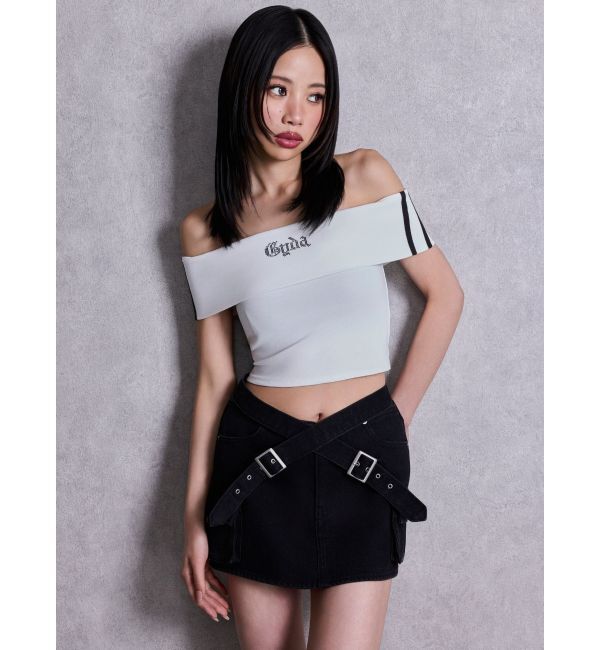 GYDA「Gyda bijouサイドラインオフショルショートTOPS」|Tシャツ・カットソー|