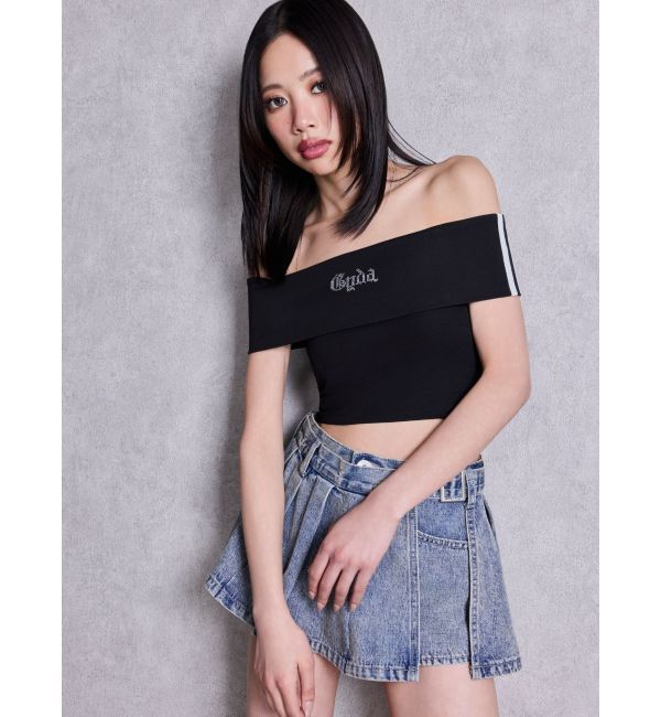 GYDA「Gyda bijouサイドラインオフショルショートTOPS」|Tシャツ・カットソー|
