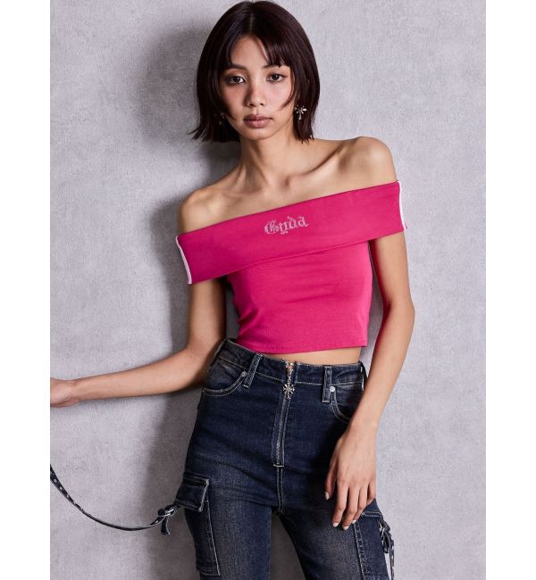 GYDA「Gyda bijouサイドラインオフショルショートTOPS」|Tシャツ・カットソー|