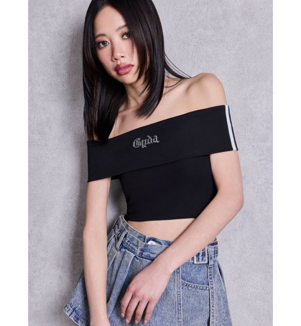 GYDA「Gyda bijouサイドラインオフショルショートTOPS」|Tシャツ・カットソー|ブラック