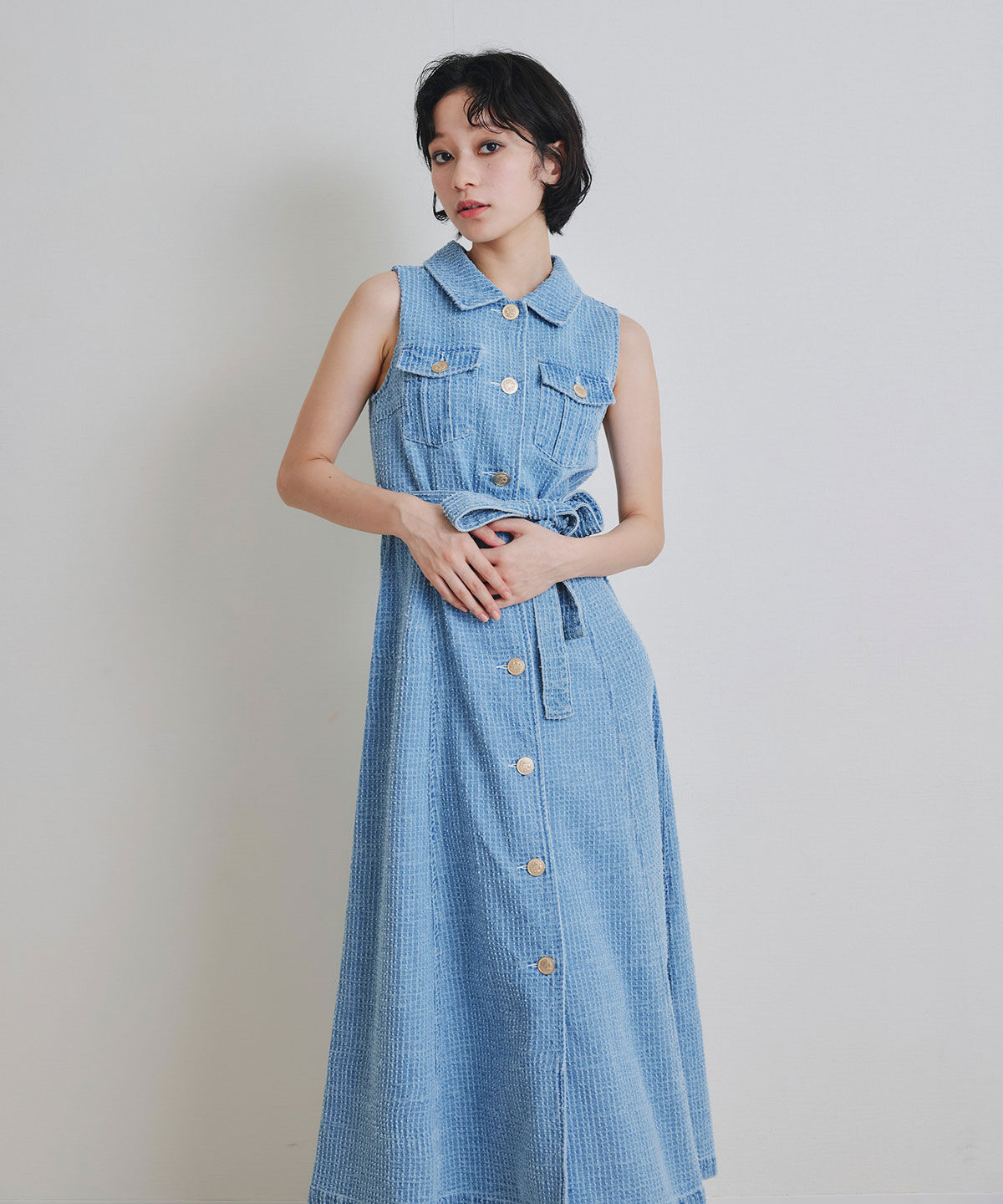 REDYAZEL「レーザーカットデニムロングシャツワンピース」|ワンピース|