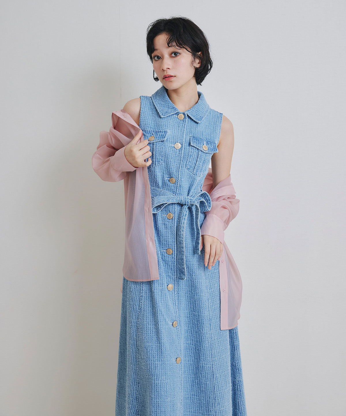 REDYAZEL「レーザーカットデニムロングシャツワンピース」|ワンピース|