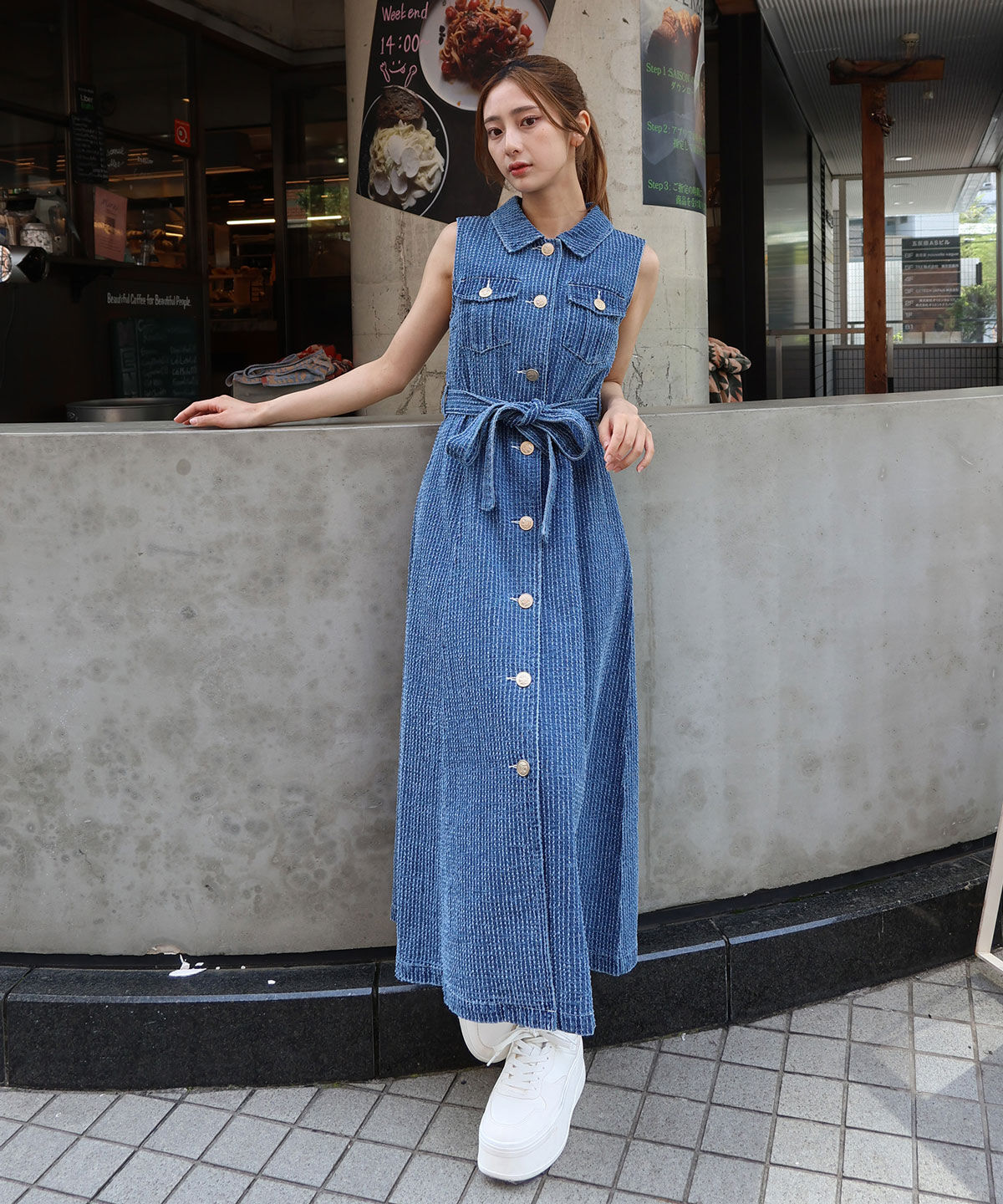 REDYAZEL「レーザーカットデニムロングシャツワンピース」|ワンピース|