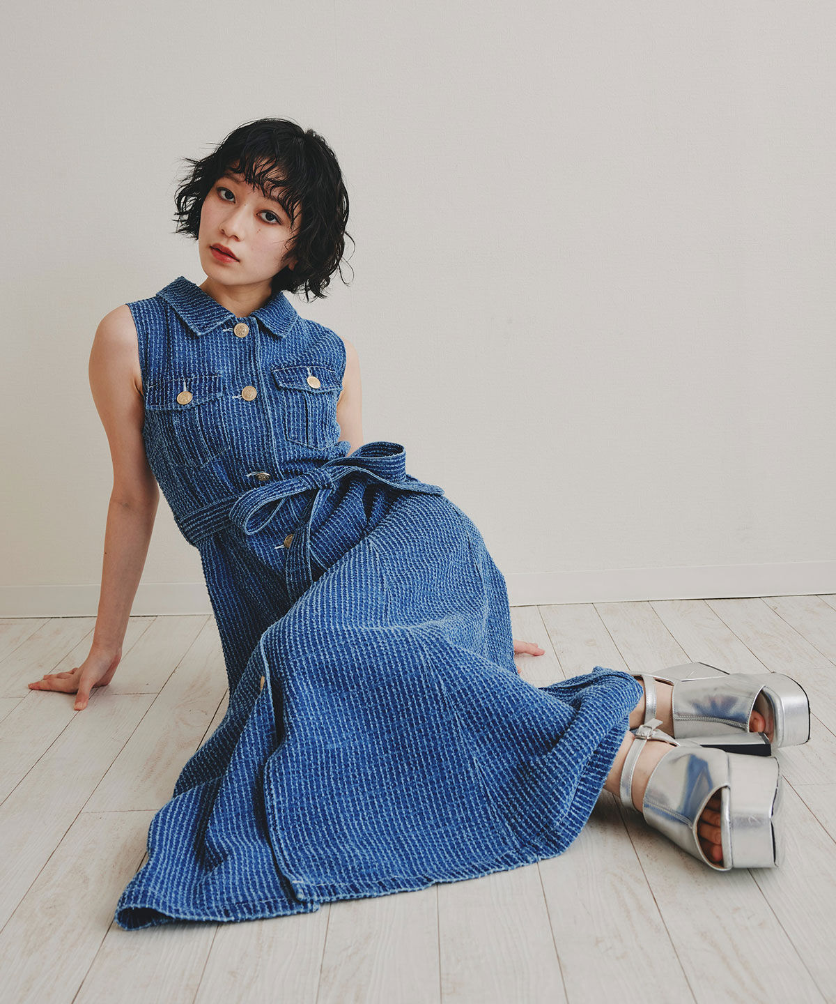 REDYAZEL「レーザーカットデニムロングシャツワンピース」|ワンピース|