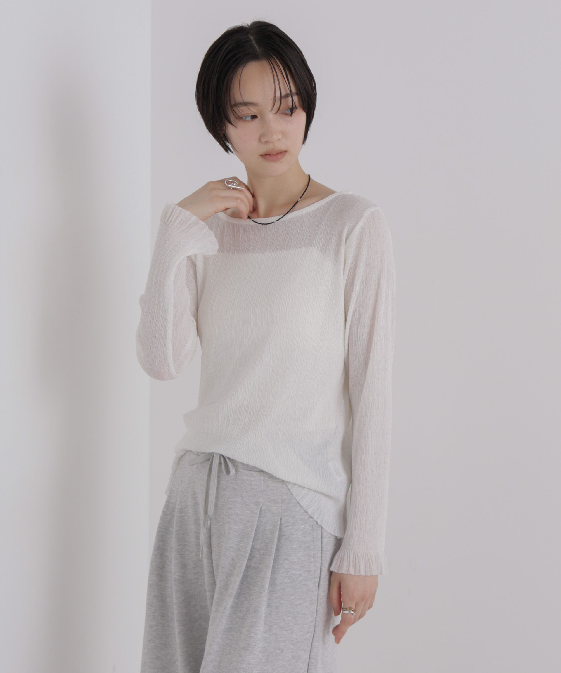 NANO universe「シアープリーツカットロングスリーブトップス」|Tシャツ・カットソー|ホワイト