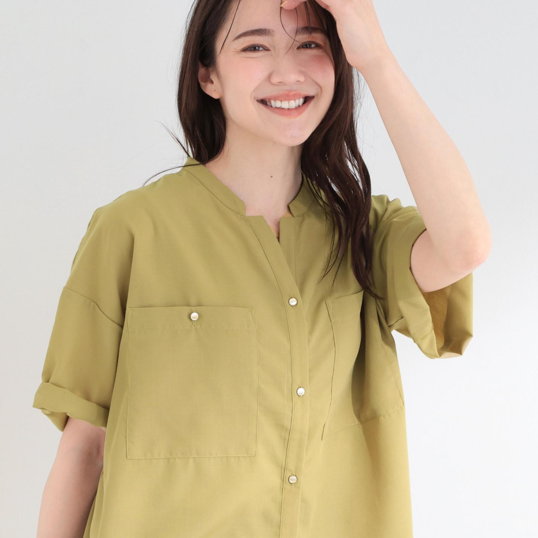 SHOO･LA･RUE「【洗濯機可/S-LL】大人の抜け感 ゆるっと5分袖シャツ」|シャツ・ブラウス|イエロー(031)