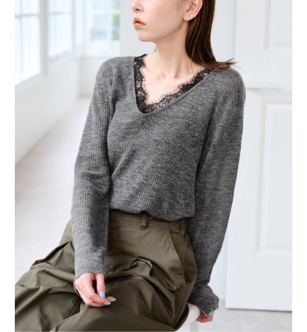 U by SPICK&SPAN「《予約》レースドッキングニット」|ニット・セーター|グレーA