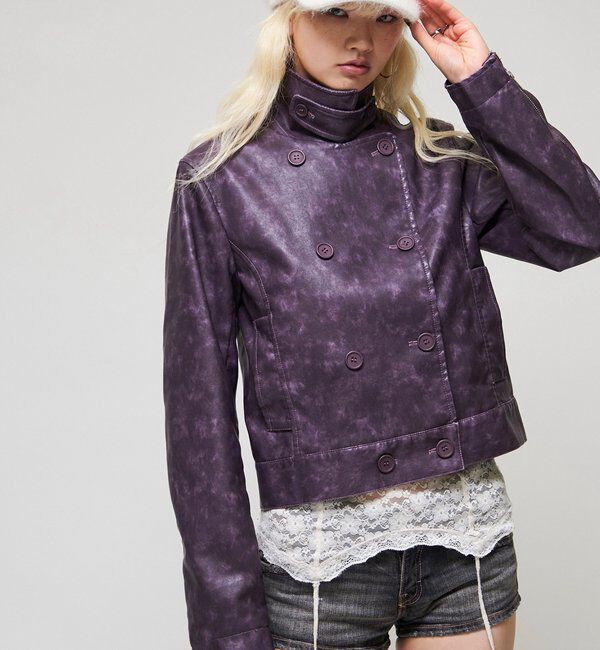  「【26AW LOOK掲載品番】スタンドレザーWジャケット」|ブルゾン・スタジャン|パープル