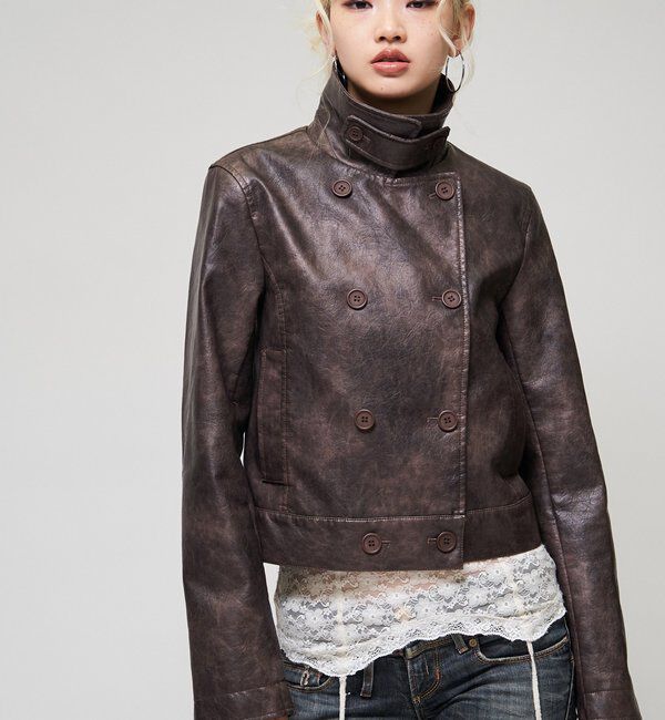  「【26AW LOOK掲載品番】スタンドレザーWジャケット」|ブルゾン・スタジャン|ブラウン