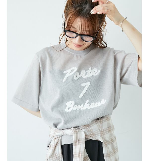  「《手洗い可能》シアー刺繍ハーフスリーブニット」|ニット・セーター|L／グレー