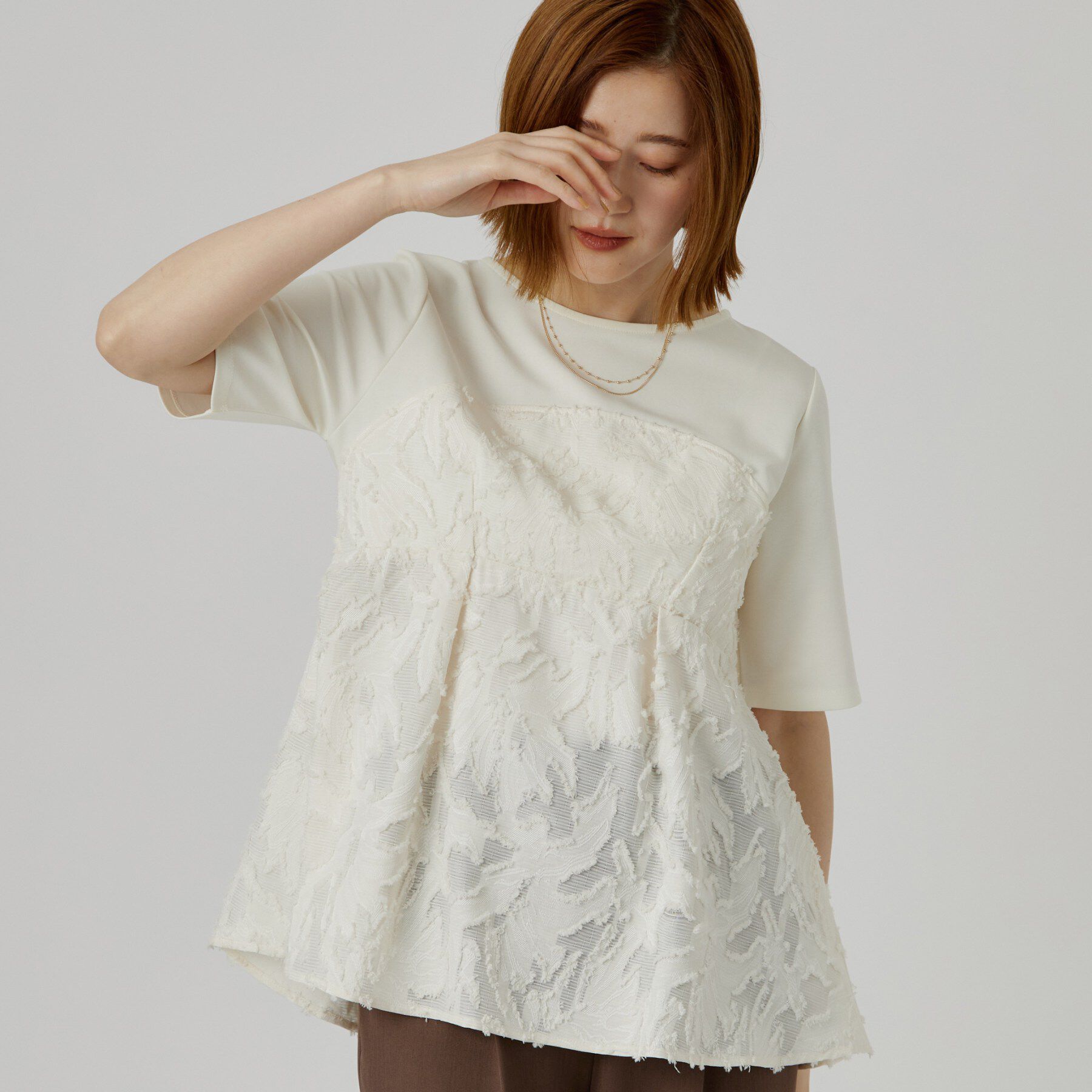 grove「【着映え◎・体系カバー】ジャカードドッキングカットソー」|Tシャツ・カットソー|オフホワイト(003