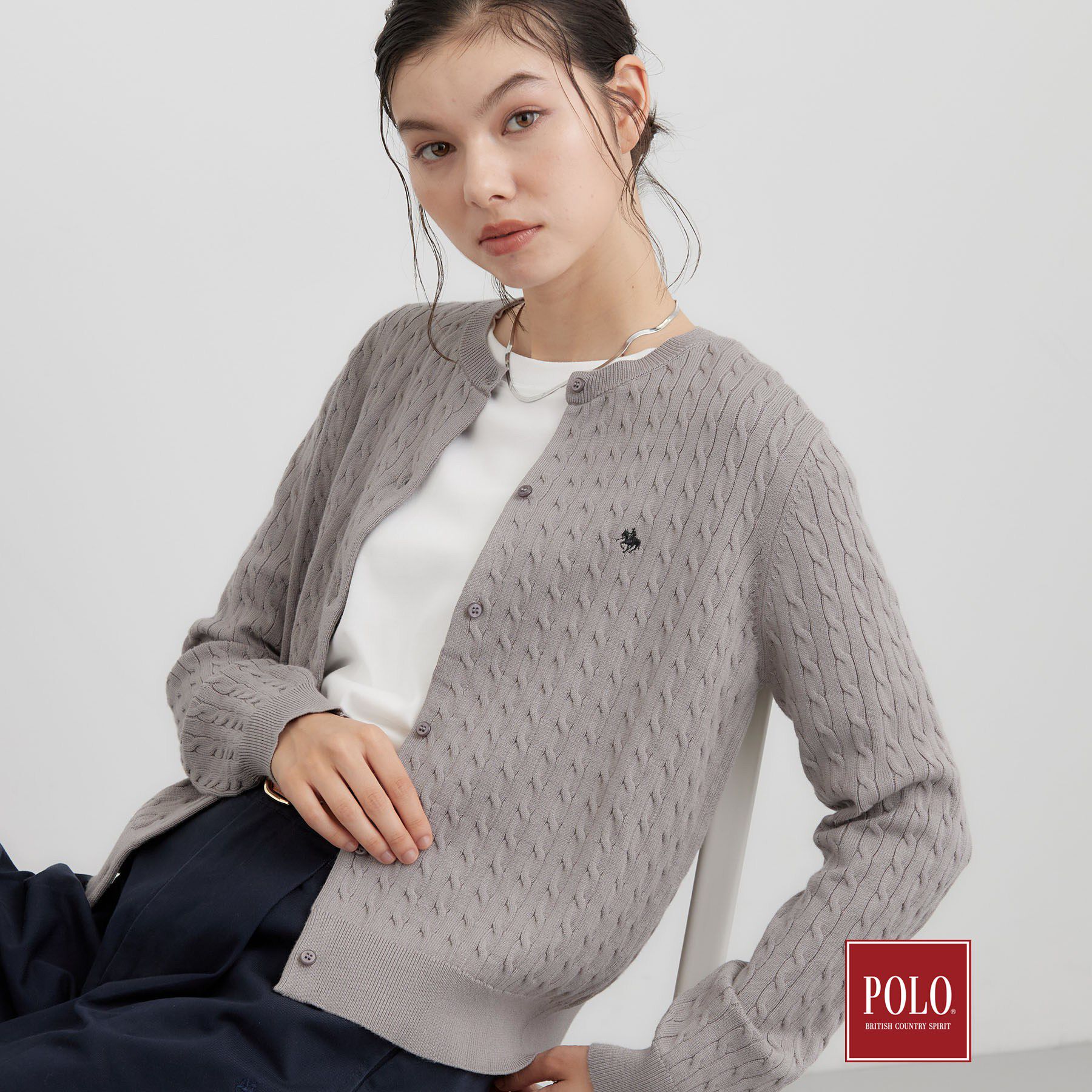 THE SHOP TK「POLO BCS/ケーブルクルーカーディガン」|カーディガン|グレー(012)