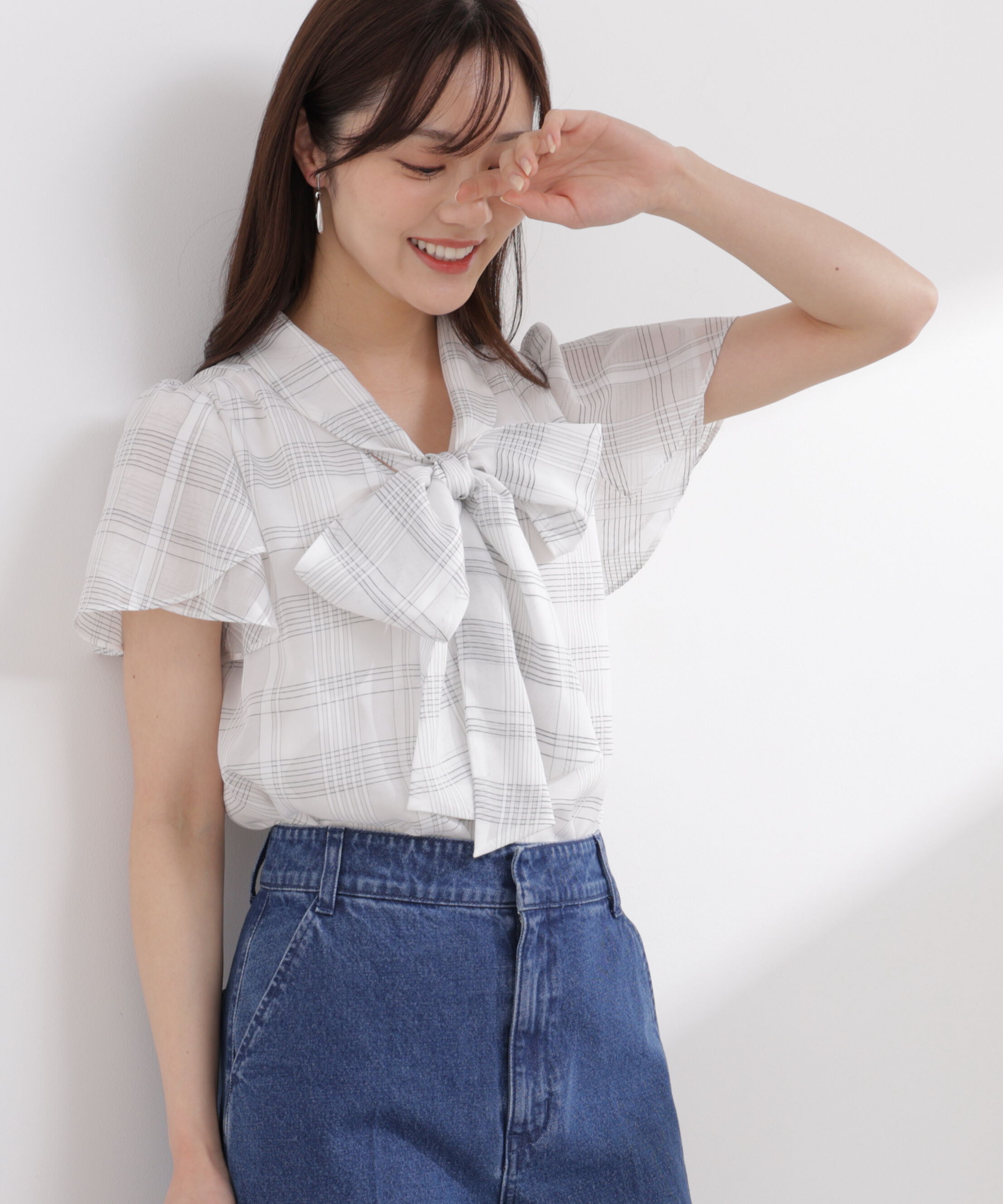 PROPORTION BODY DRESSING「チェックチューリップ袖リボンブラウス 26SS」|シャツ・ブラウス|