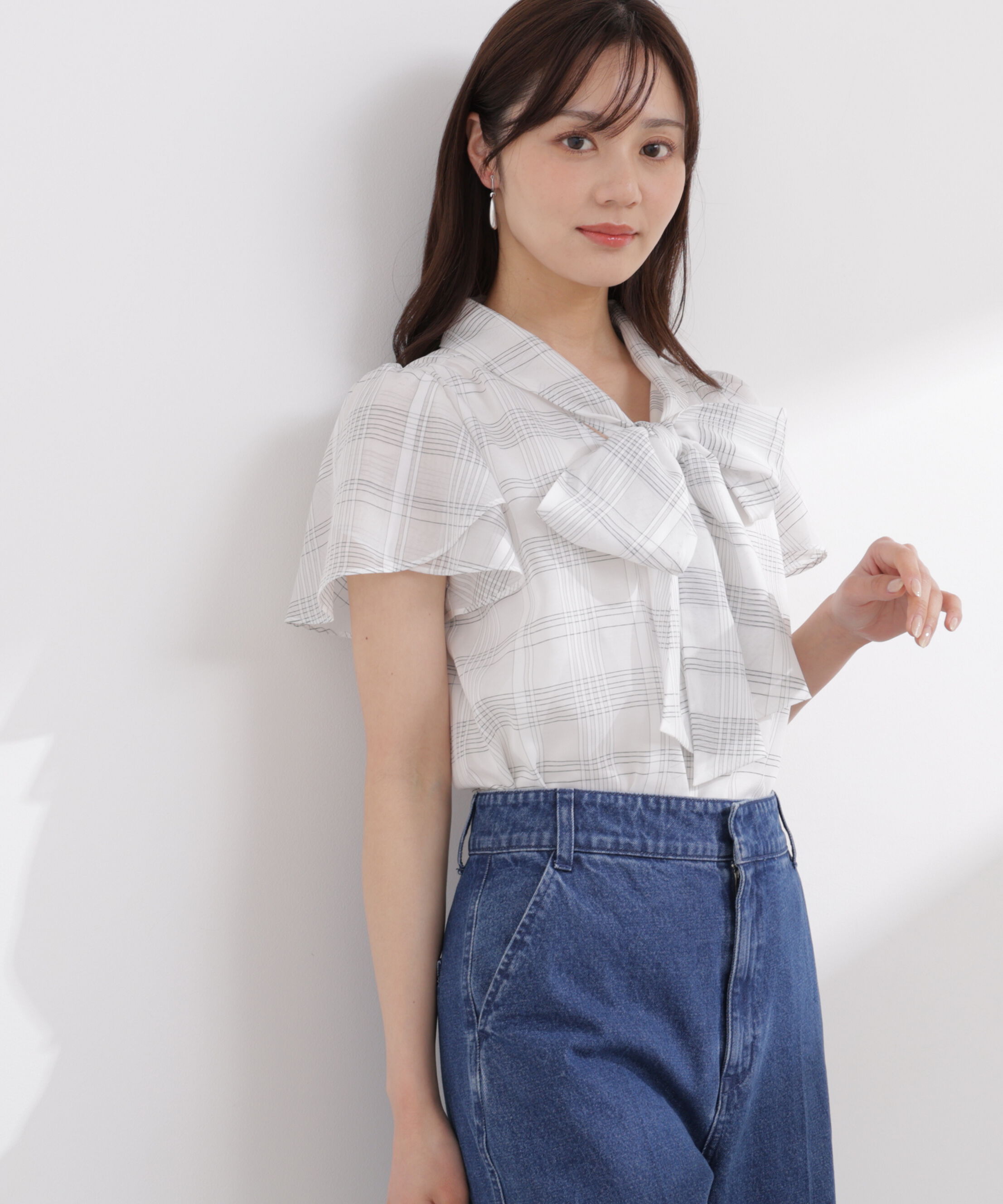 PROPORTION BODY DRESSING「チェックチューリップ袖リボンブラウス 26SS」|シャツ・ブラウス|
