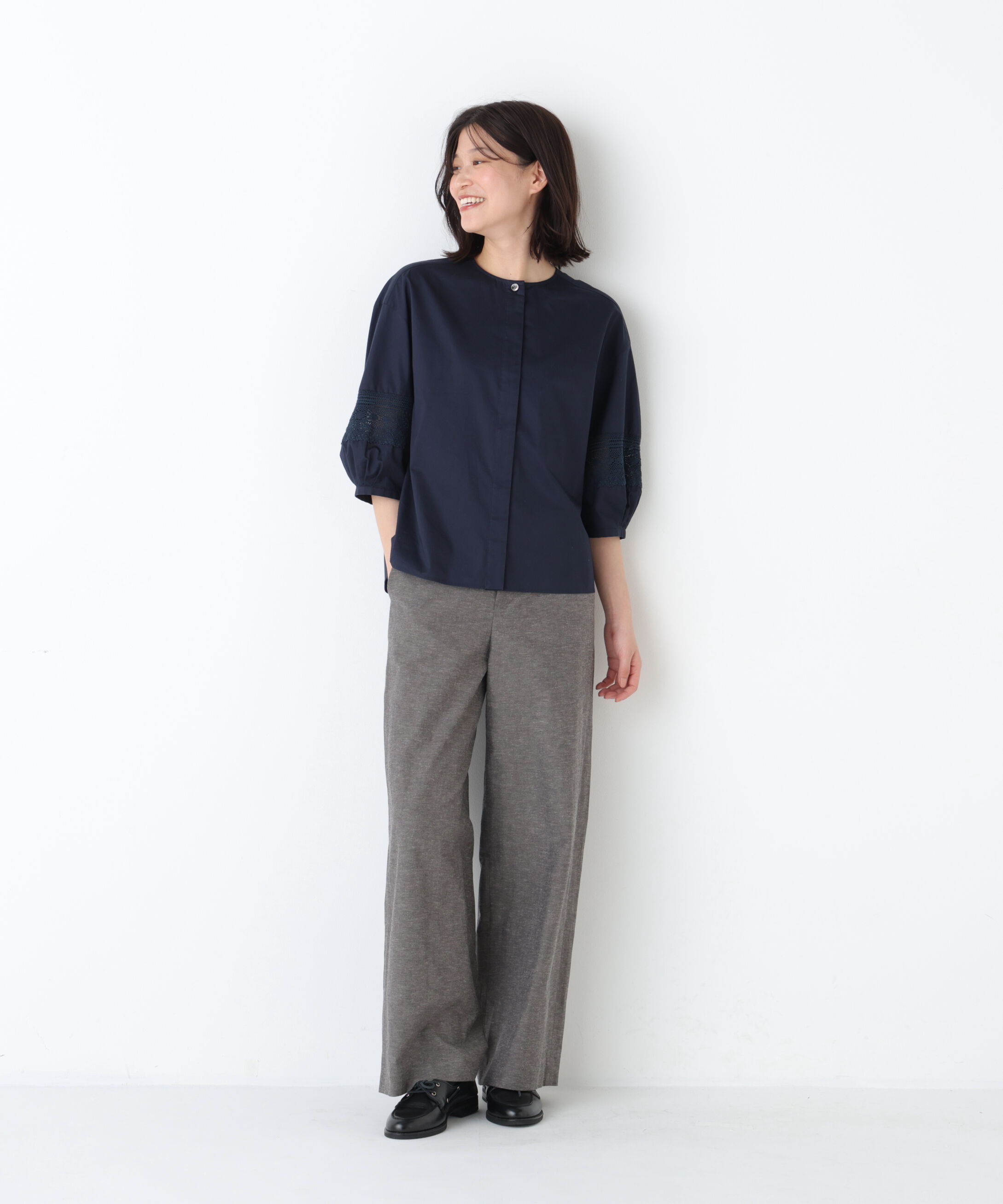  「◆《洗える》 レースドッキングクルーネックブラウス」|シャツ・ブラウス|
