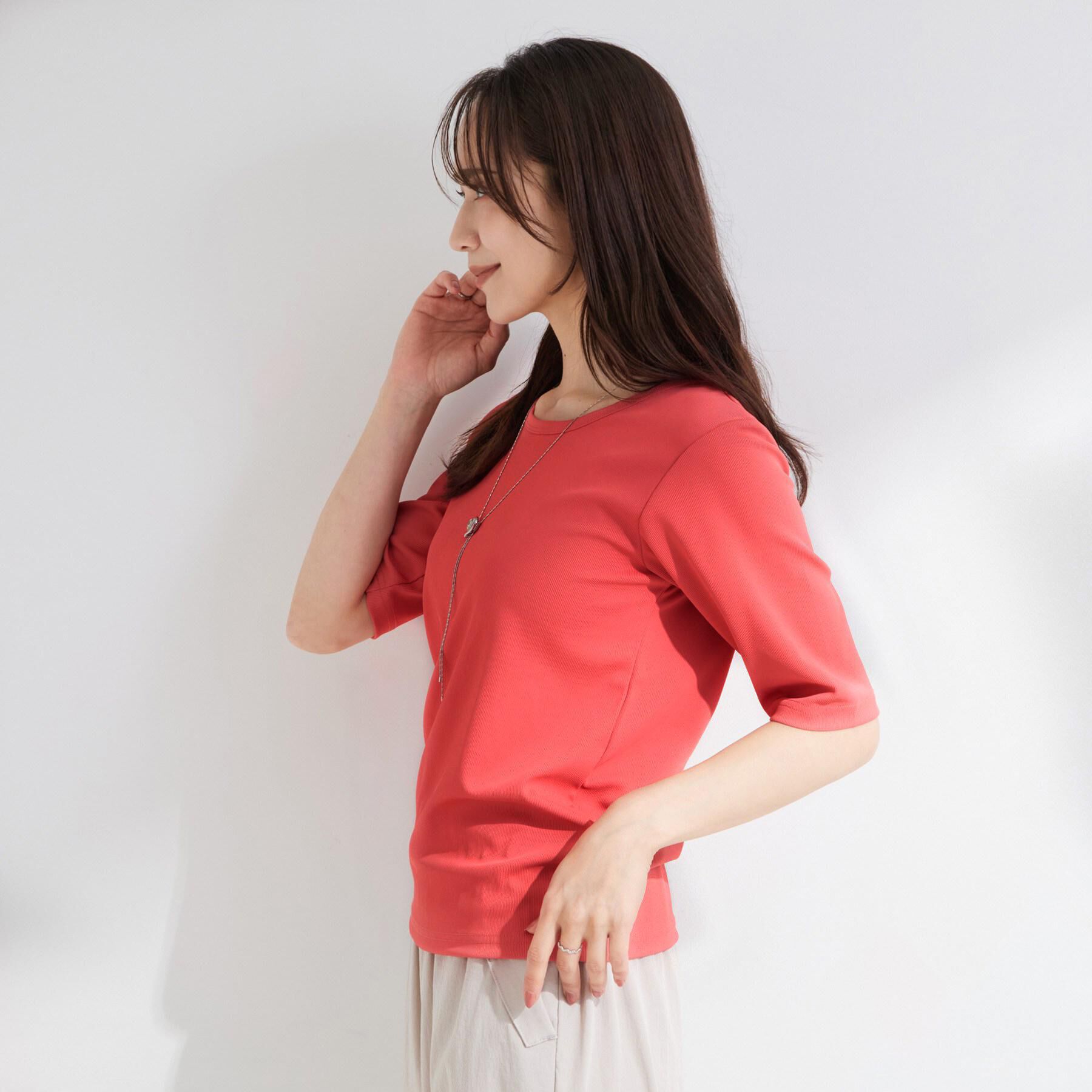 SHOO･LA･RUE「【ひんやり/前後2WAY/S-LL】着回しやすい 5分袖テレコトップス」|Tシャツ・カットソー|