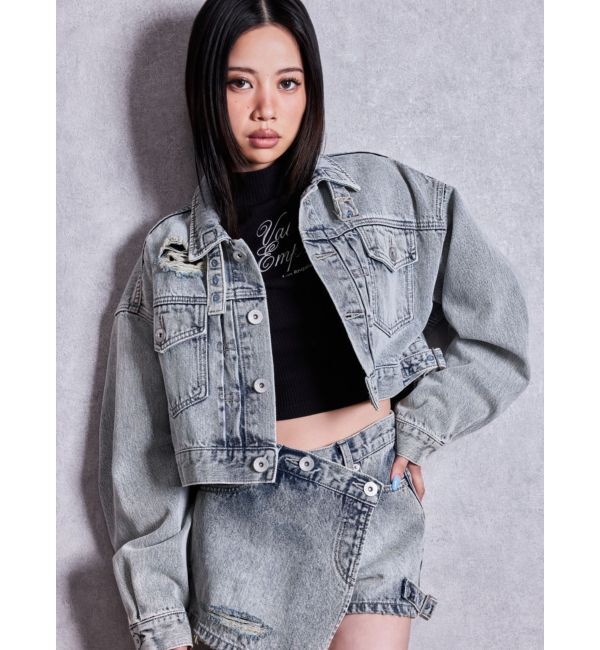 GYDA「belt collarダメージショートデニムGジャン」|デニムジャケット|アイスブルー