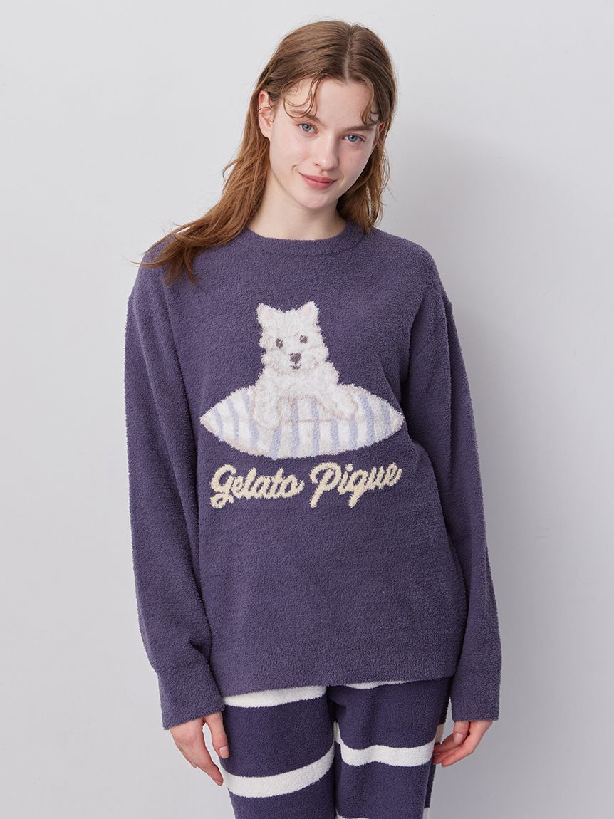 gelato pique「【ONLINE限定】【UNISEX】エアリーモコプレイフルDOGジャガードプルオーバー&ボーダーロングパンツセット」|ルームウェア|