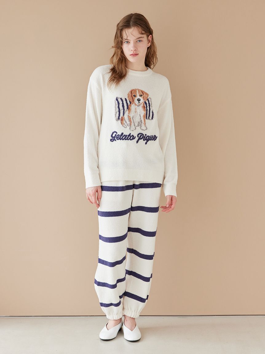 gelato pique「【ONLINE限定】【UNISEX】エアリーモコプレイフルDOGジャガードプルオーバー&ボーダーロングパンツセット」|ルームウェア|