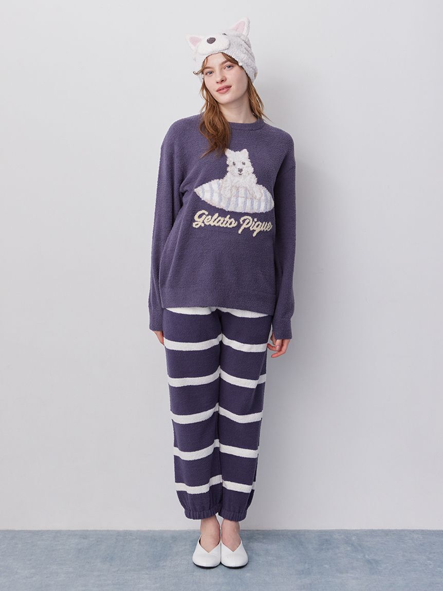 gelato pique「【ONLINE限定】【UNISEX】エアリーモコプレイフルDOGジャガードプルオーバー&ボーダーロングパンツセット」|ルームウェア|