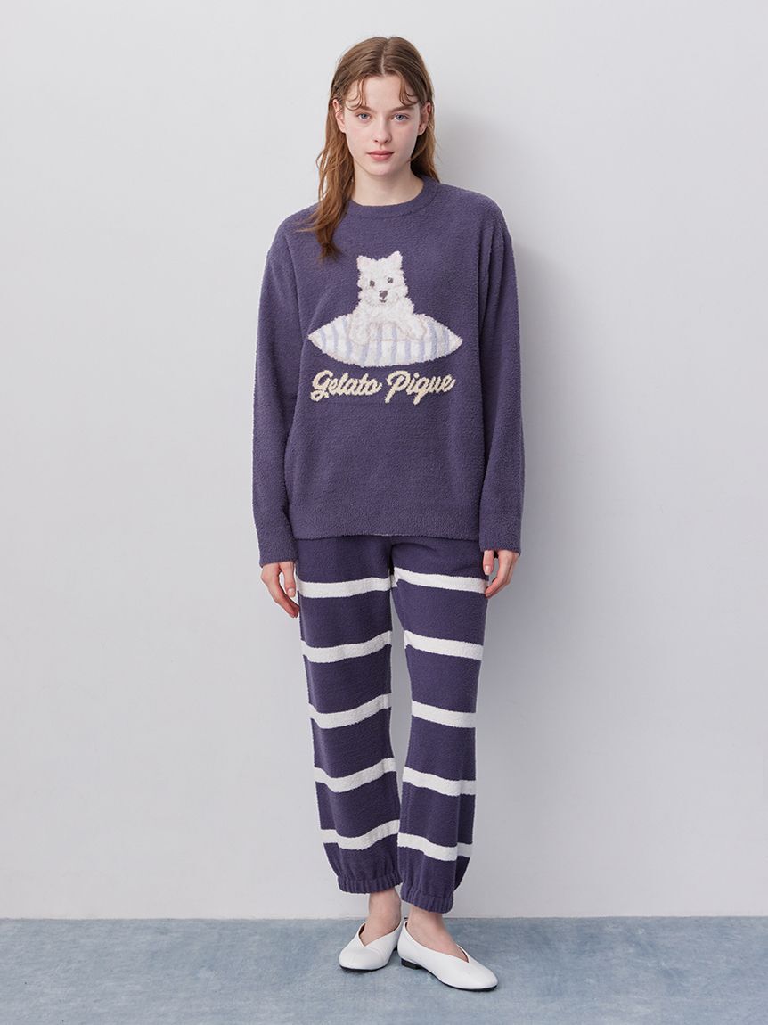 gelato pique「【ONLINE限定】【UNISEX】エアリーモコプレイフルDOGジャガードプルオーバー&ボーダーロングパンツセット」|ルームウェア|