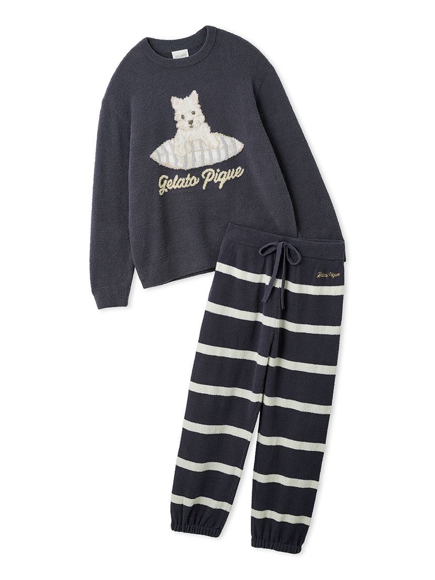 gelato pique「【ONLINE限定】【UNISEX】エアリーモコプレイフルDOGジャガードプルオーバー&ボーダーロングパンツセット」|ルームウェア|NVY