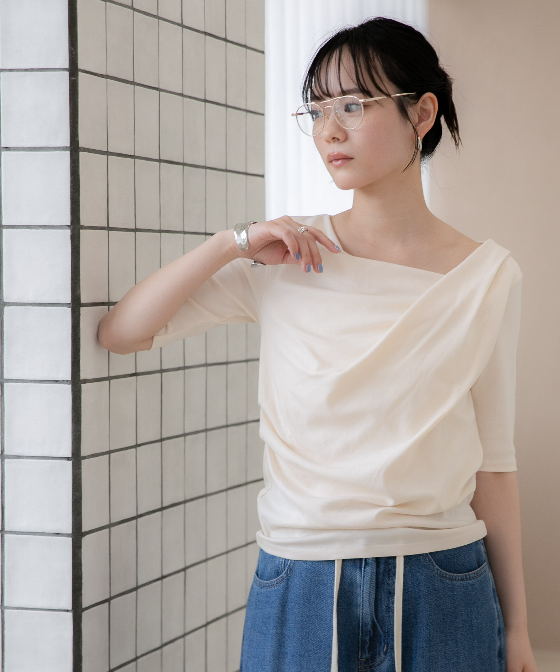NANO universe「WEB限定/タックアシメフライスカットデザイントップス」|Tシャツ・カットソー|