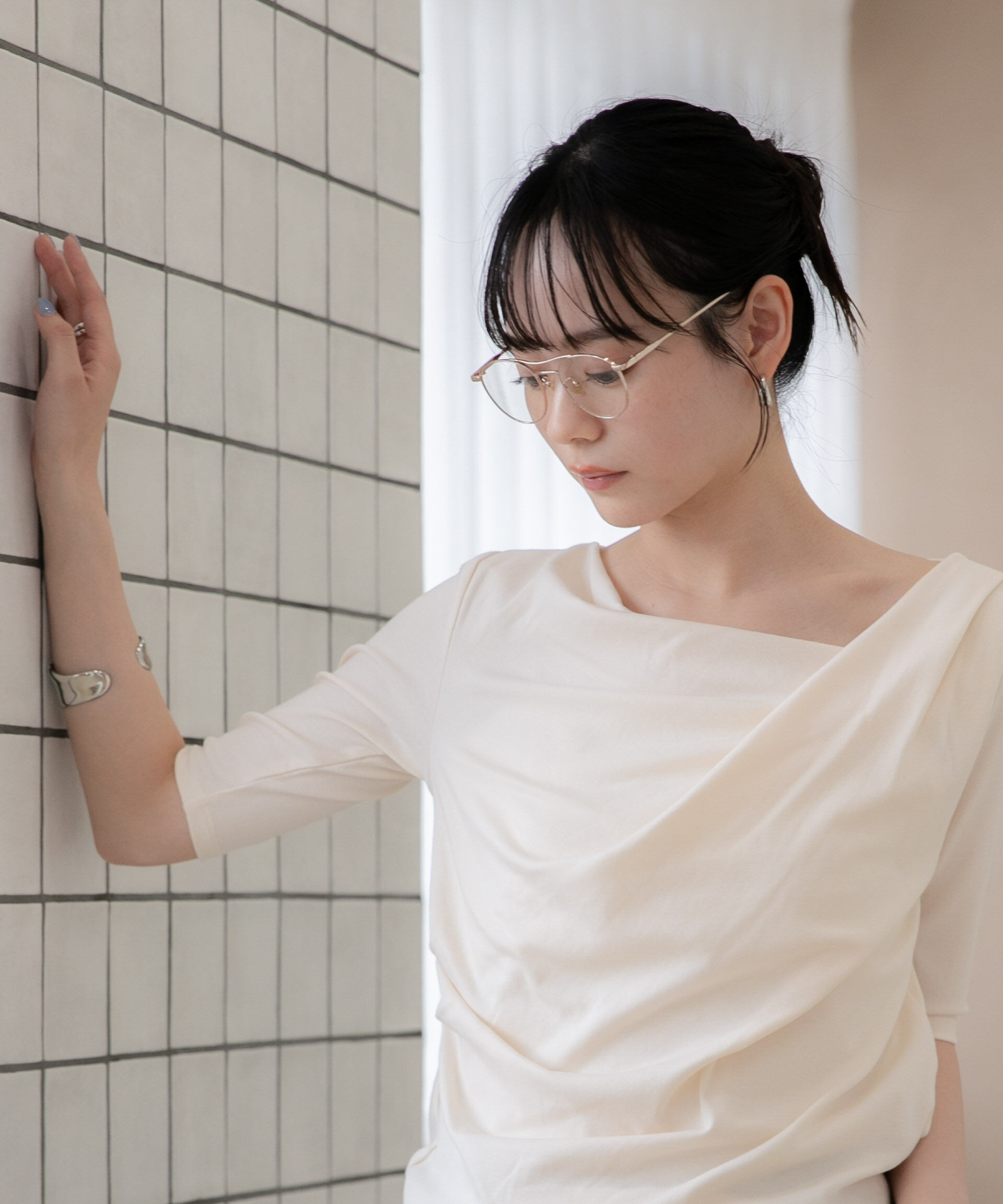 NANO universe「WEB限定/タックアシメフライスカットデザイントップス」|Tシャツ・カットソー|