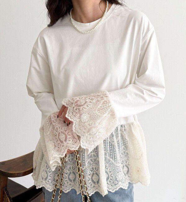 fredy emue「【4回目の追加販売！】レースドッキングロンTシャツ」|Tシャツ・カットソー|