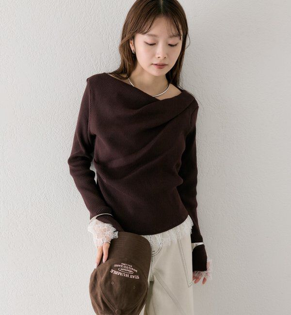  「裾レースドッキングオフショルリブニット」|パーカー|