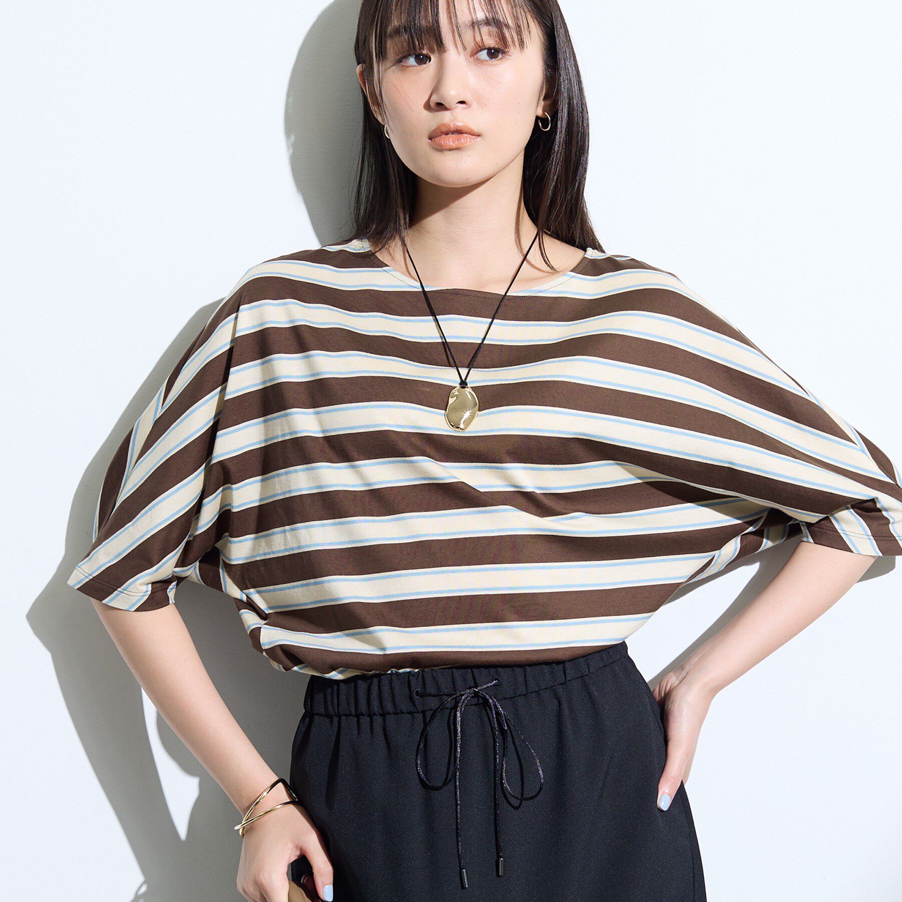 INDIVI「【体型カバー】ボーダードルマントップス」|Tシャツ・カットソー|
