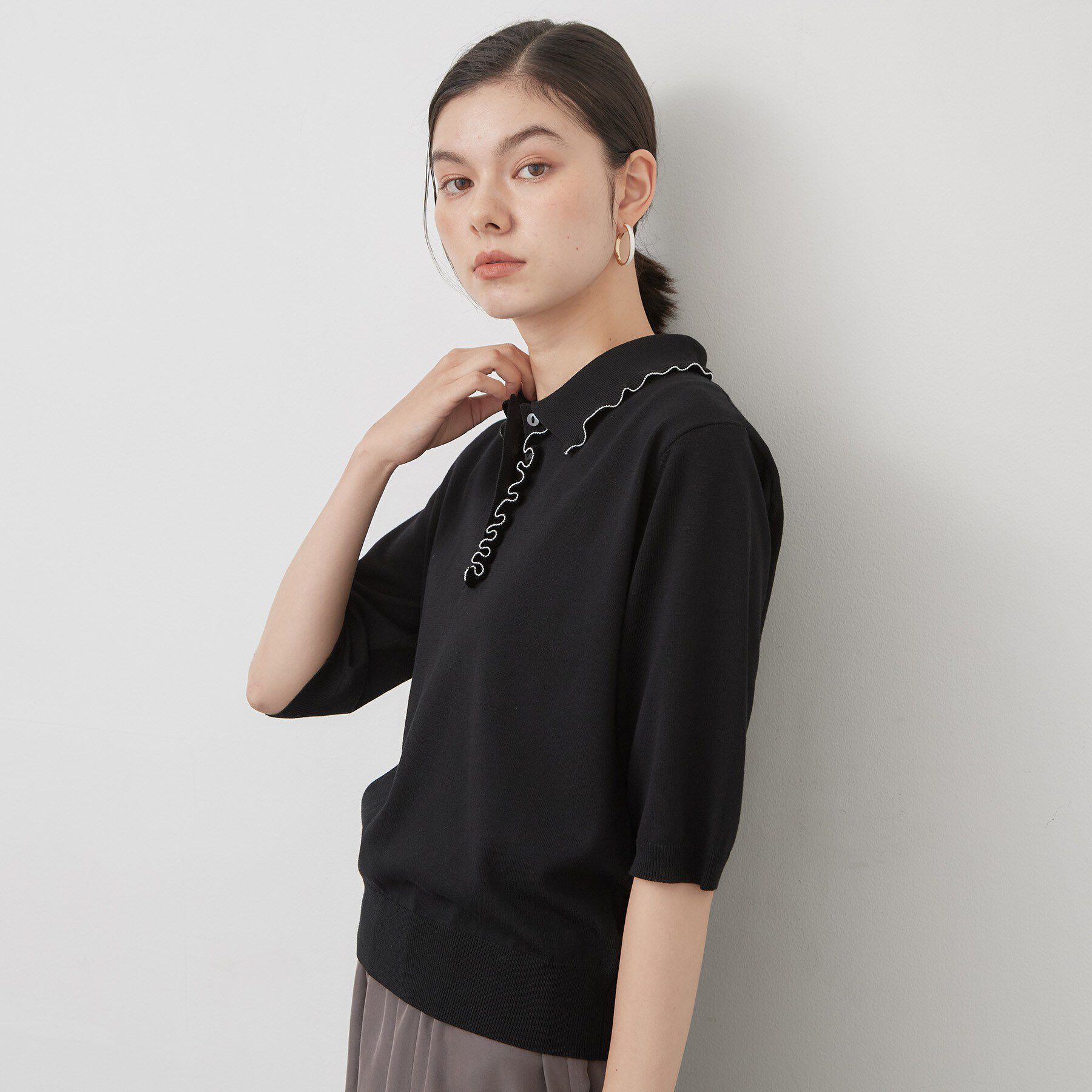OPAQUE.CLIP「【UVケア】フリルポロニット《洗濯機OK／抗ピル》」|ニット・セーター|ブラック(019)