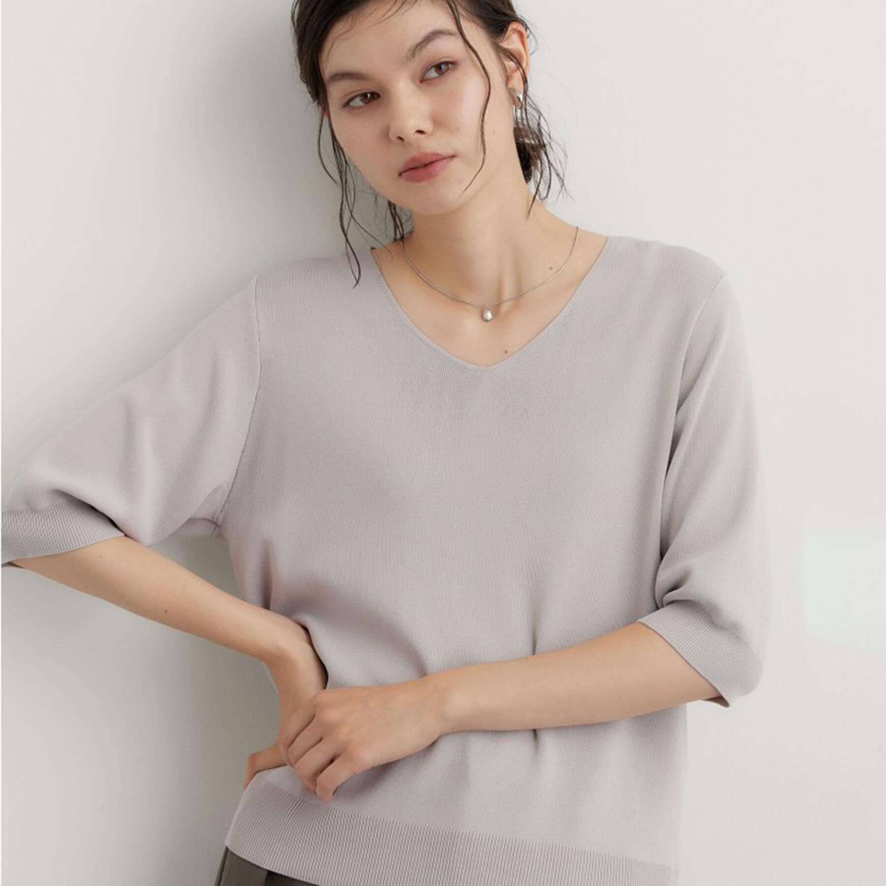 THE SHOP TK「【ひんやり】すっきりVネック 6分袖ニット」|ニット・セーター|