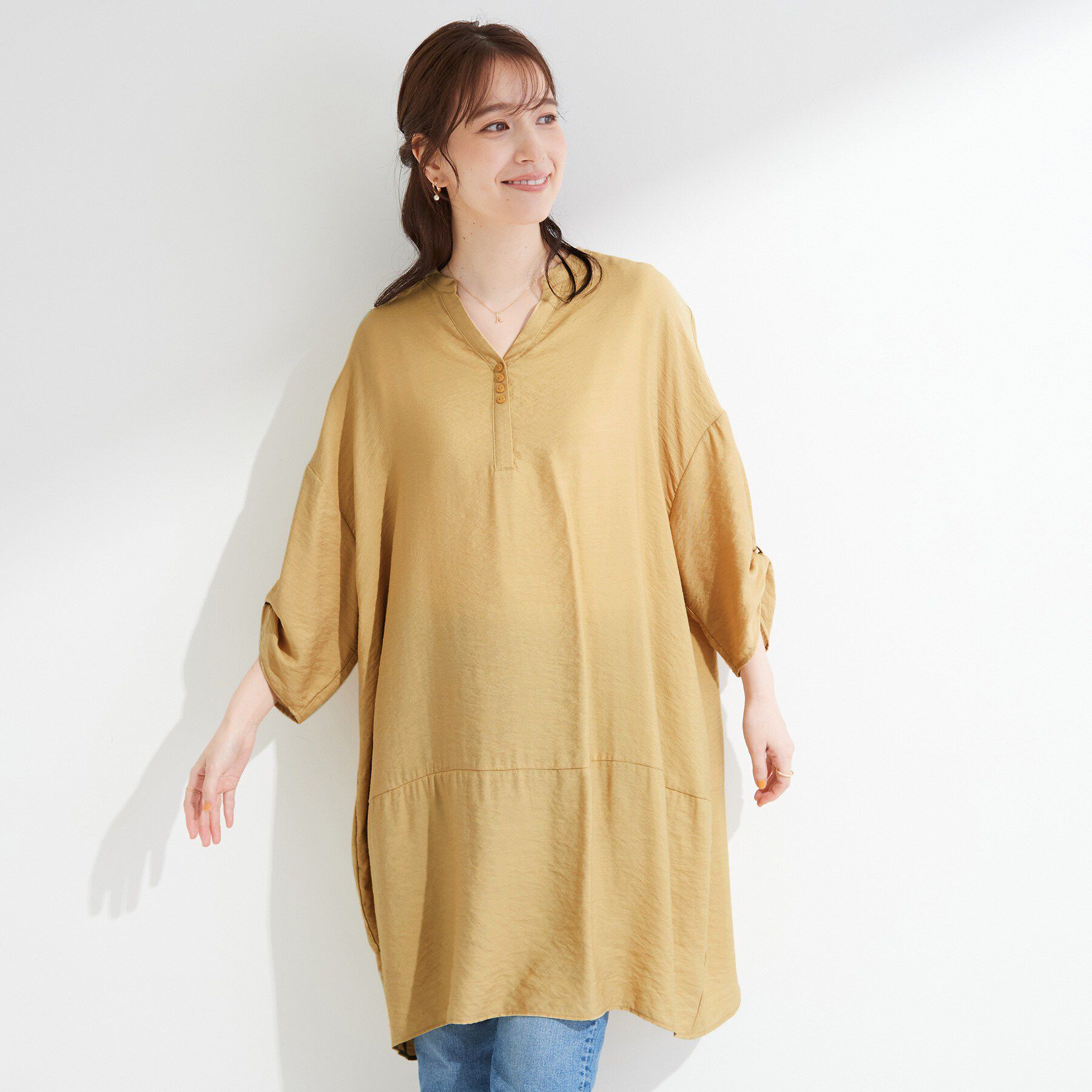 SHOO･LA･RUE「【ひんやり/S-LL/洗濯後しわになりにくい】体型カバーにも ゆるっとリラックス 7分袖チュニック」|ワンピース|