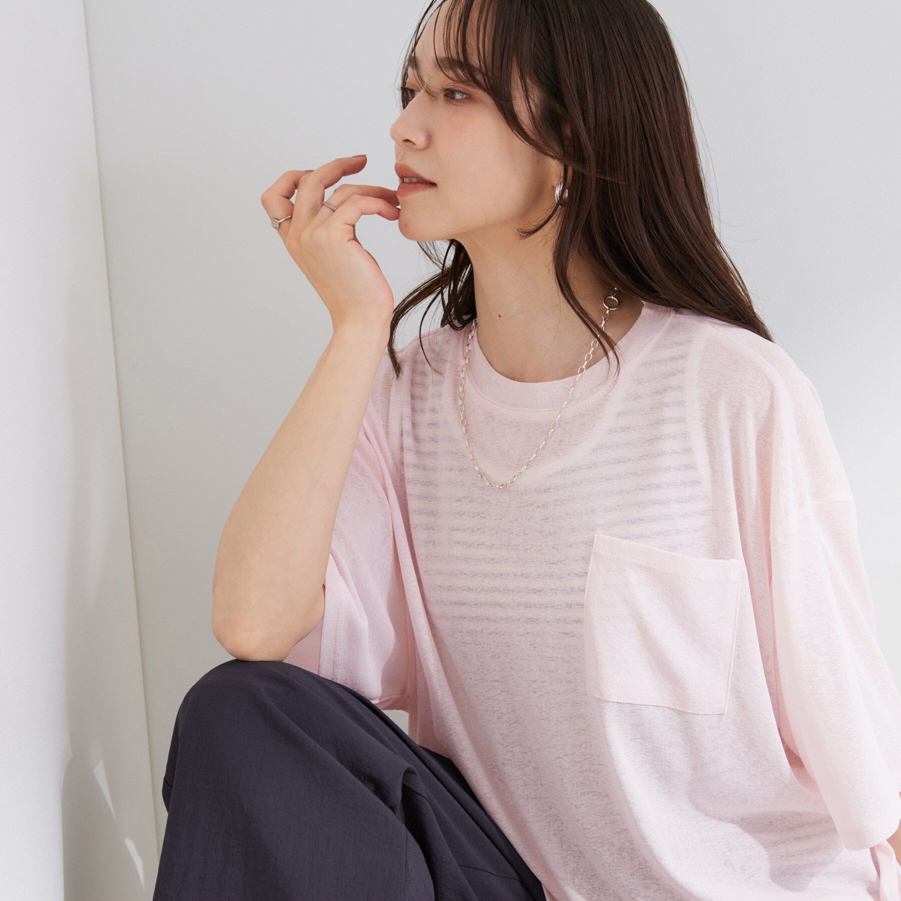 SHOO･LA･RUE「【S-LL/洗濯機可/体型カバー】ゆるっとこなれる 大人のシアースラブTシャツ」|Tシャツ・カットソー|ピンク(071)