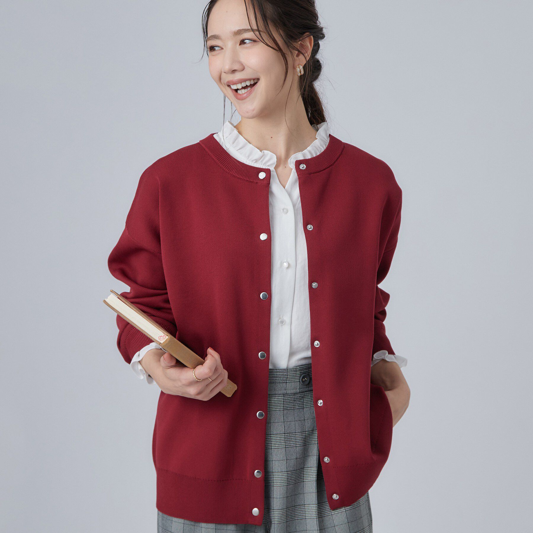 SHOO･LA･RUE「【セットアップ可/洗濯機可】軽やかに羽織れる スポンディシュニットカーディガン」|カーディガン|ボルドー(064)