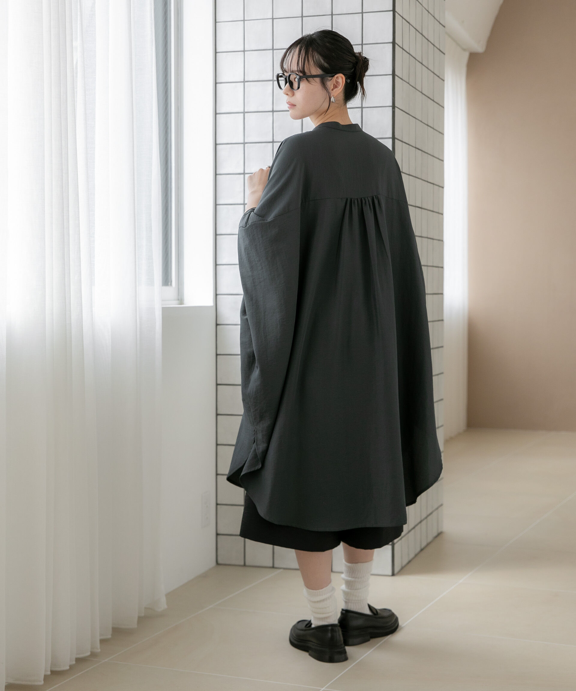 NANO universe「WEB限定/多機能素材 バンドカラーワイドチュニックシャツワンピース」|ワンピース|