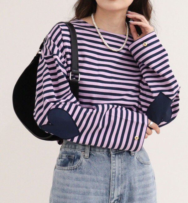 fredy emue「ボーダーハートパッチプルオーバーカットソー」|Tシャツ・カットソー|パープル系その他