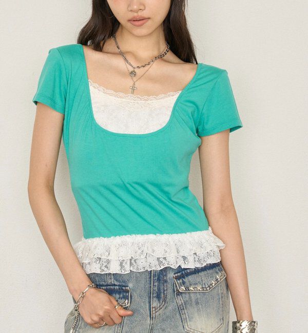  「レースレイヤードトップス」|Tシャツ・カットソー|サックスブルー