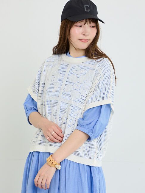Samansa Mos2「前後2WAY花柄メッシュニット」|カーディガン|オフホワイト