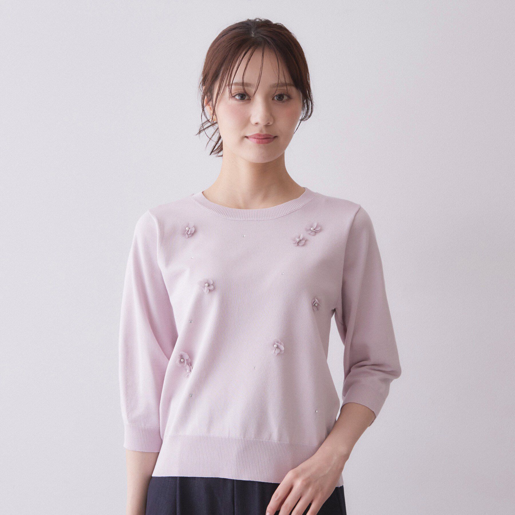 index「お花ビジュー6分袖ニット【洗濯機OK】」|ニット・セーター|