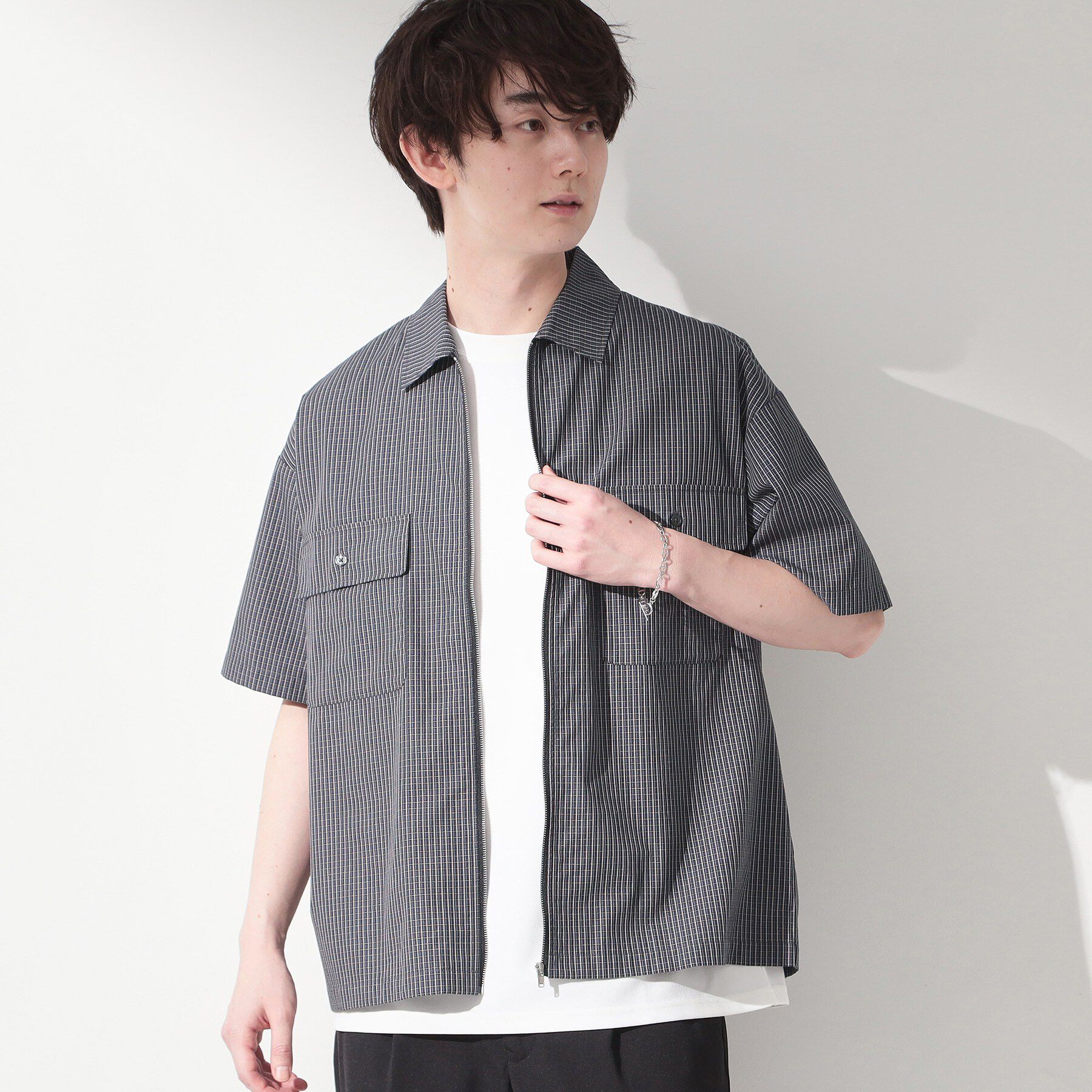 THE SHOP TK「半袖チェックジップシャツ 洗濯機OK」|シャツ・ブラウス|ネイビー(294)