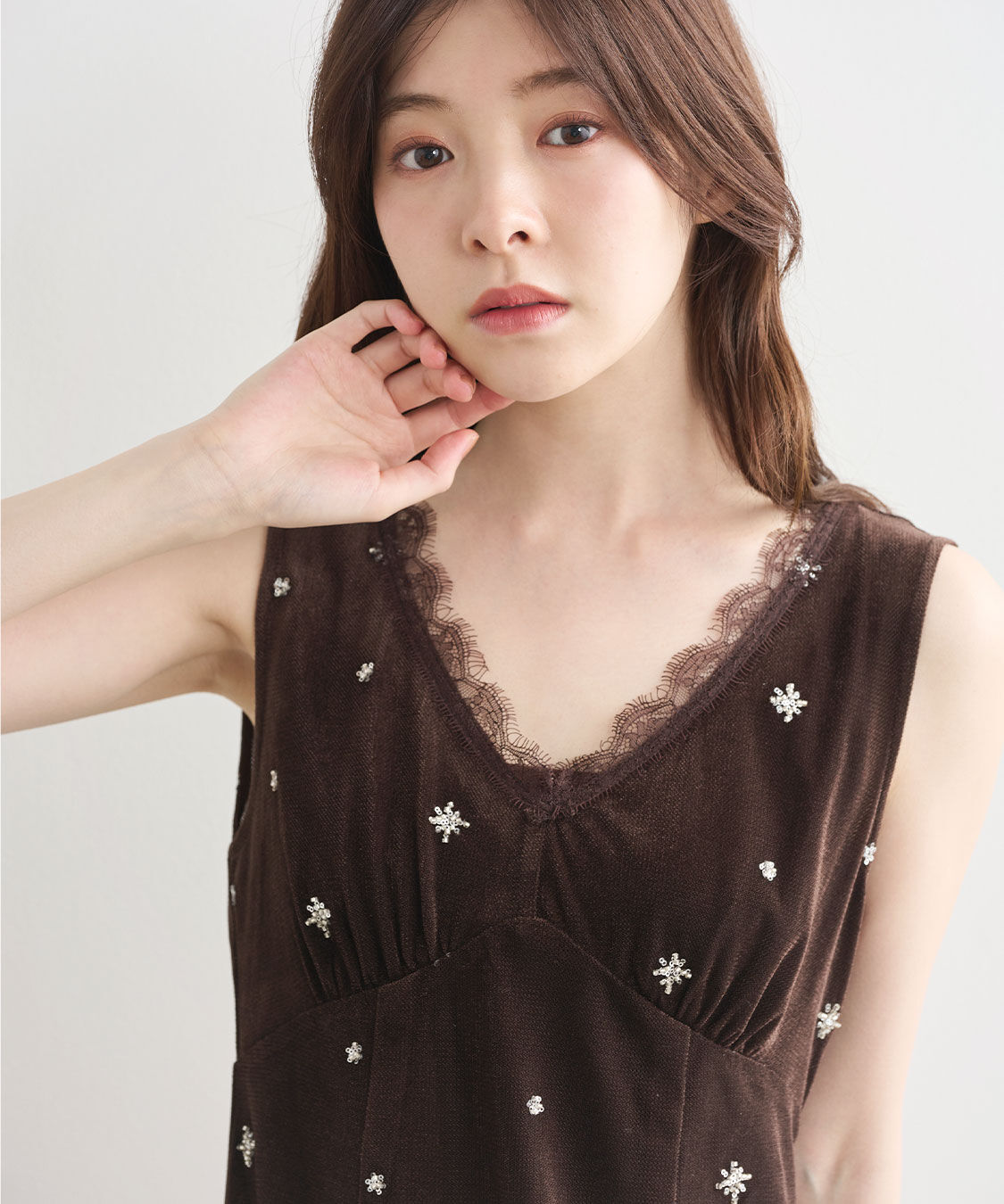 COCO DEAL「ビーズ刺繍Vネックシアーベロアワンピース」|ワンピース|