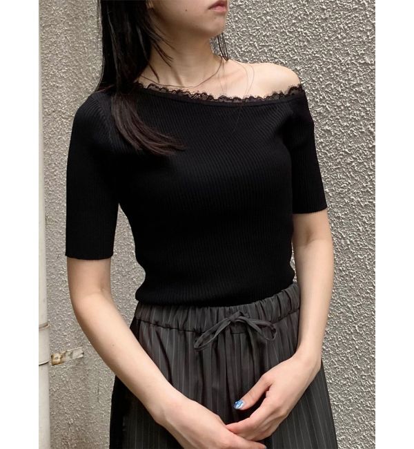 MURUA「レースドッキングワンショルダーニット」|ニット・セーター|ブラック